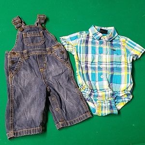 Blue Jean Overalls Set Button Shirt Onsie